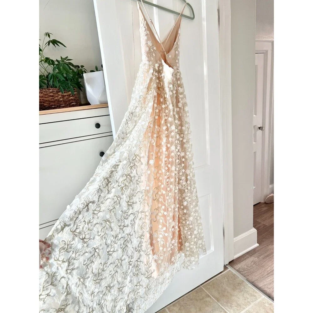Altar'd State Dress Sz S Blush Tan Formal Floral Lace Overlay‎ V-Neck Long Maxi - Picture 8 of 16